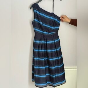 Carmen Marc Valvo Infusion One Shoulder Blue Striped Cocktail Dress Size 10